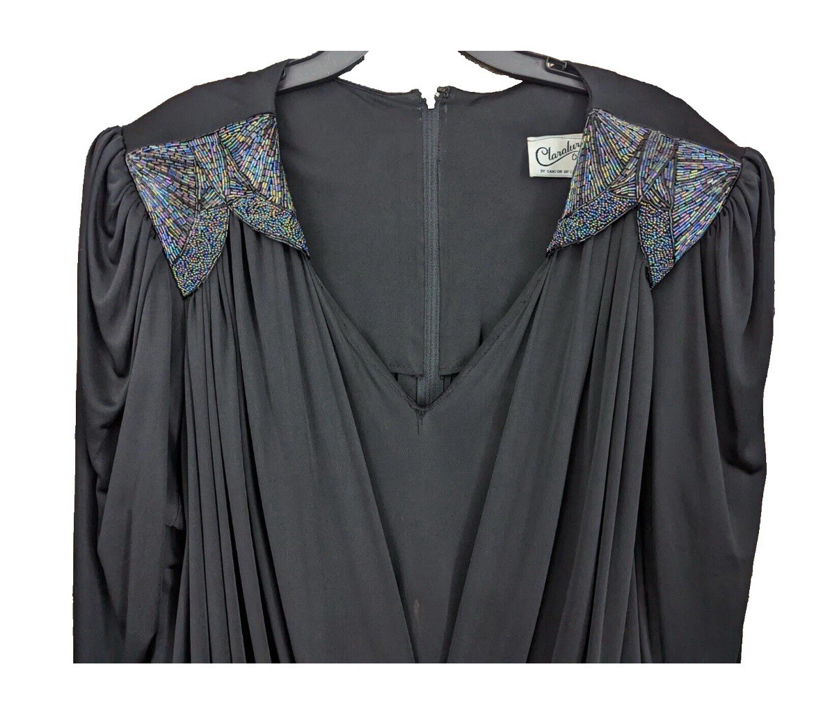 Vintage 70s 80s Claralura Originals Dress Black Beaded Draped Cocktail PLUS SIZE