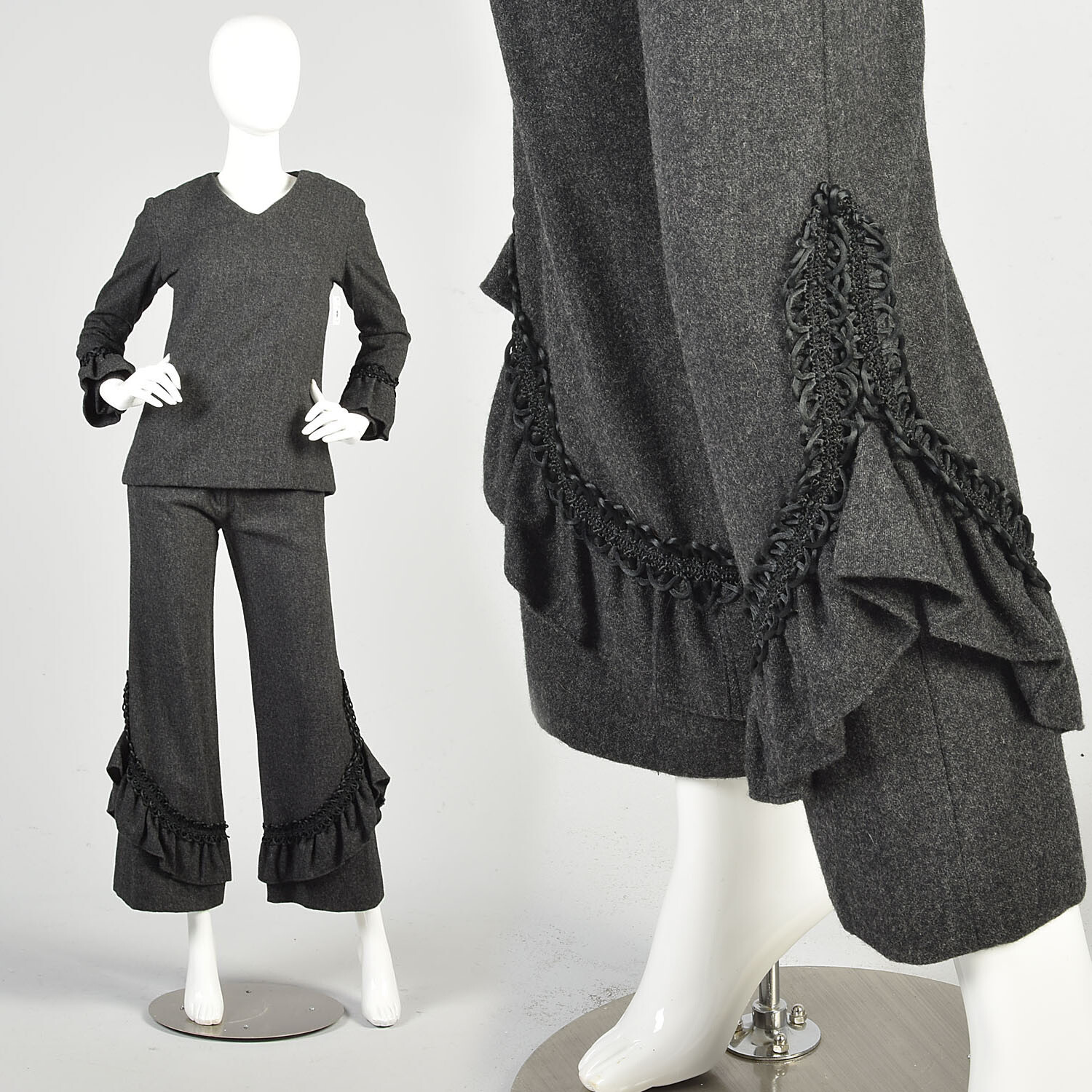 XS 1970s Charcoal Grey Wool Two Piece Separates Tunic Top And Ruffled Pants Set