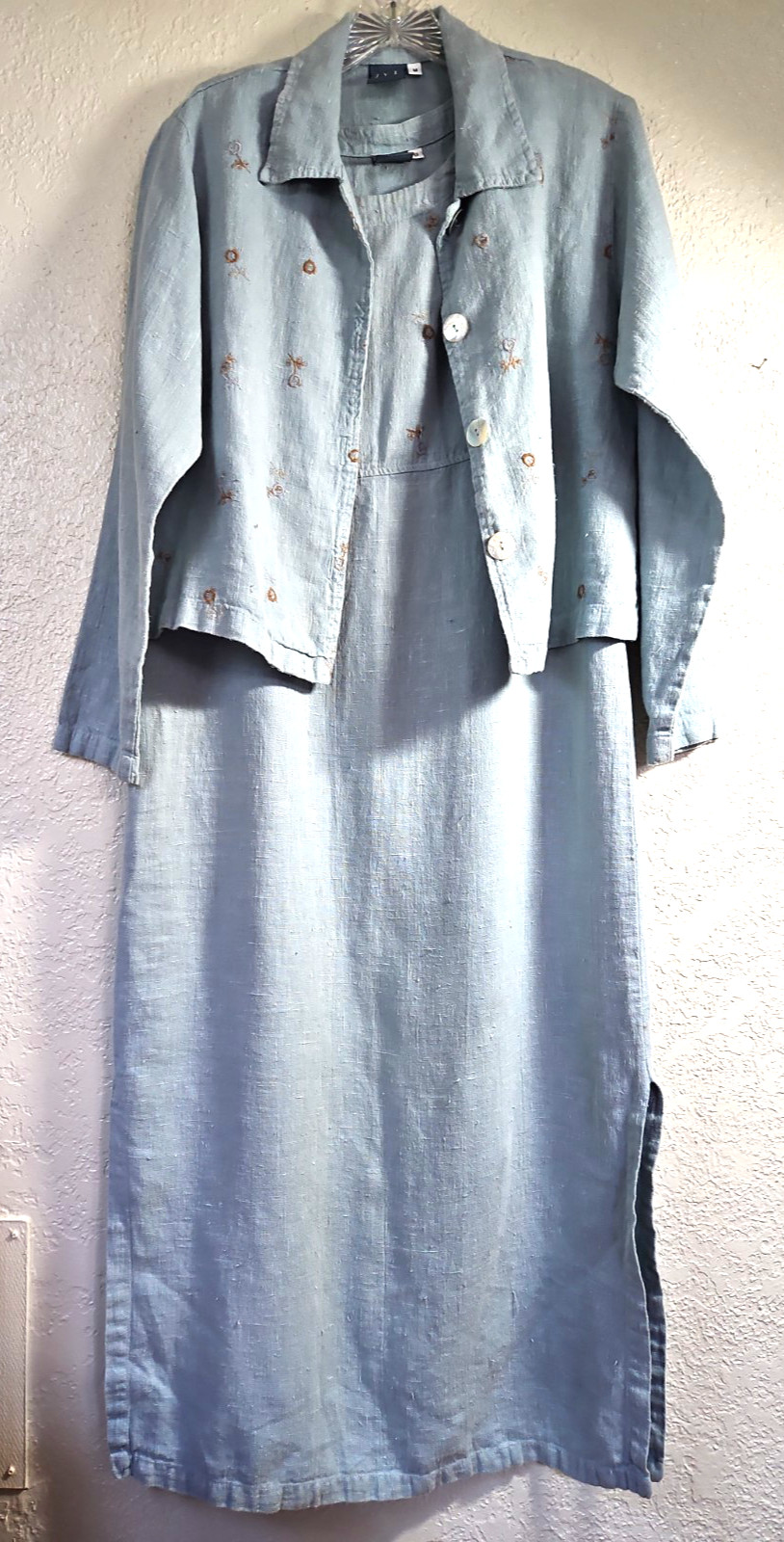 IVY Sz M Blue 2 Piece Maxi Tank Dress and Jacket Heavy Weight Linen Embroidered