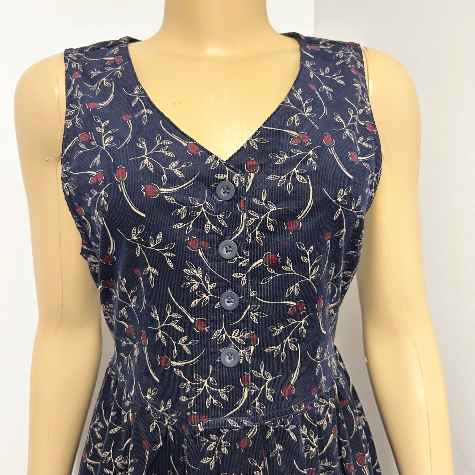 Bobbie Brooks 90s Y2K Vintage Navy Blue Floral Corduroy Dress Sleeveless Small