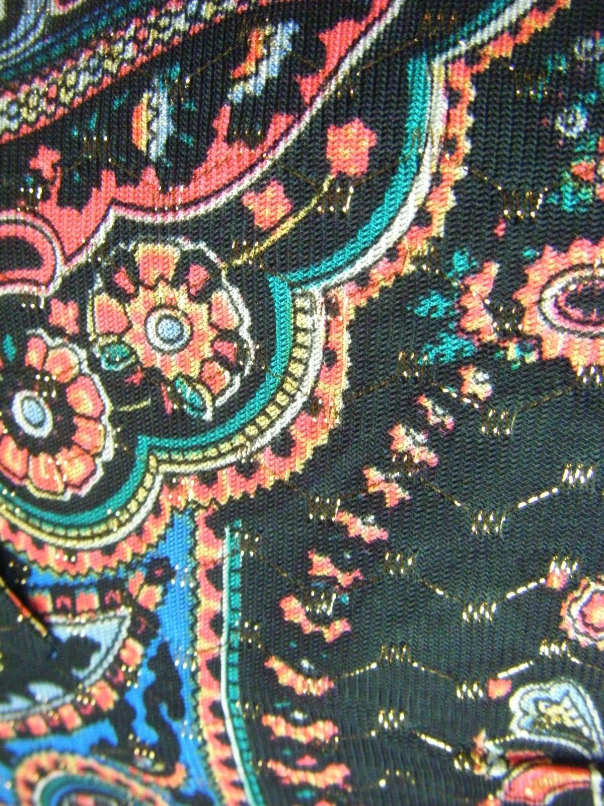 Vintage 60-70s Black Golden Stitches Mod Printed Nylon Knit Blouse-Bust 46/L
