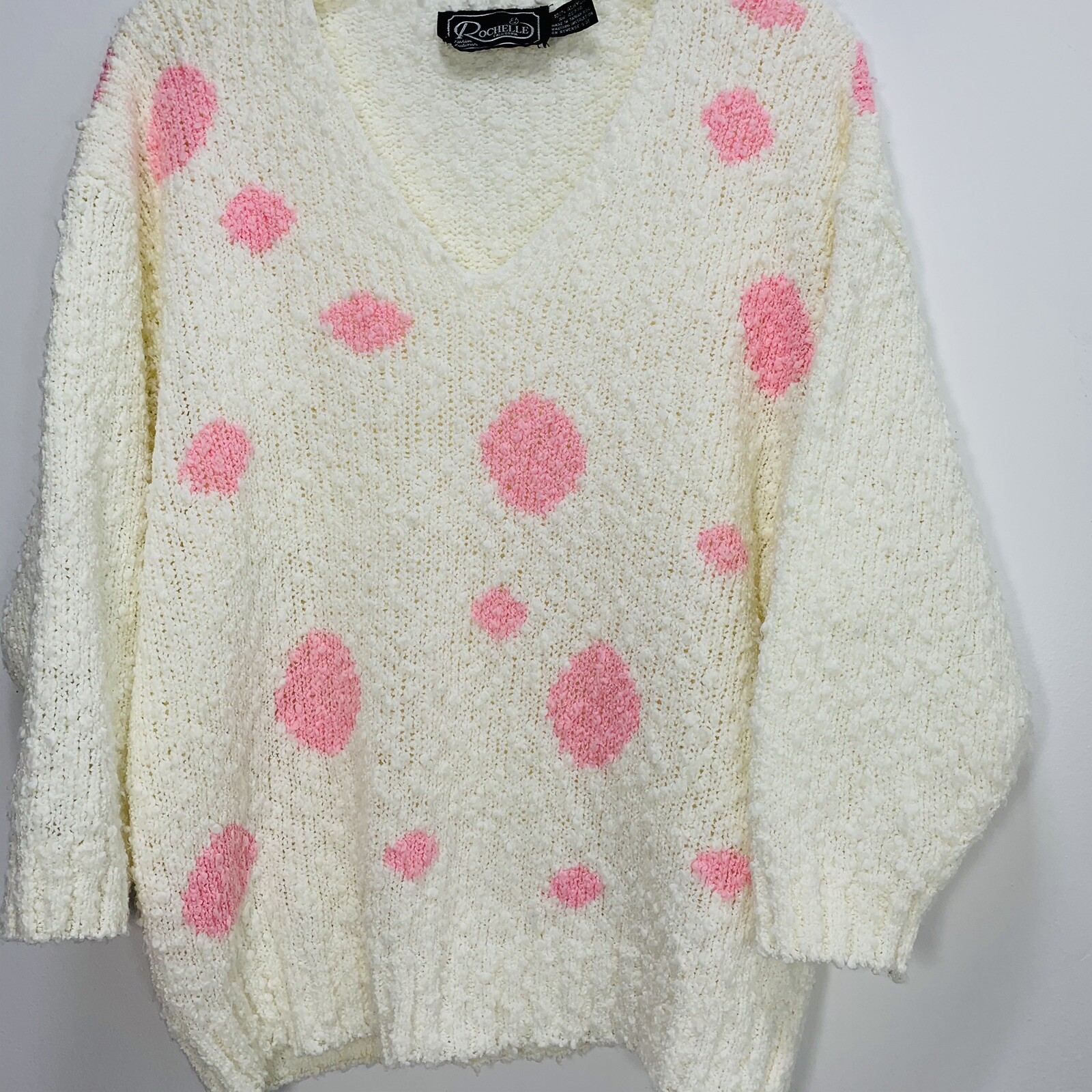 VTG POPCORN BALLS ROCHELLE CALIFORNIA LIGHT SWEATER WOMEN Polka Dot Sz M Retro