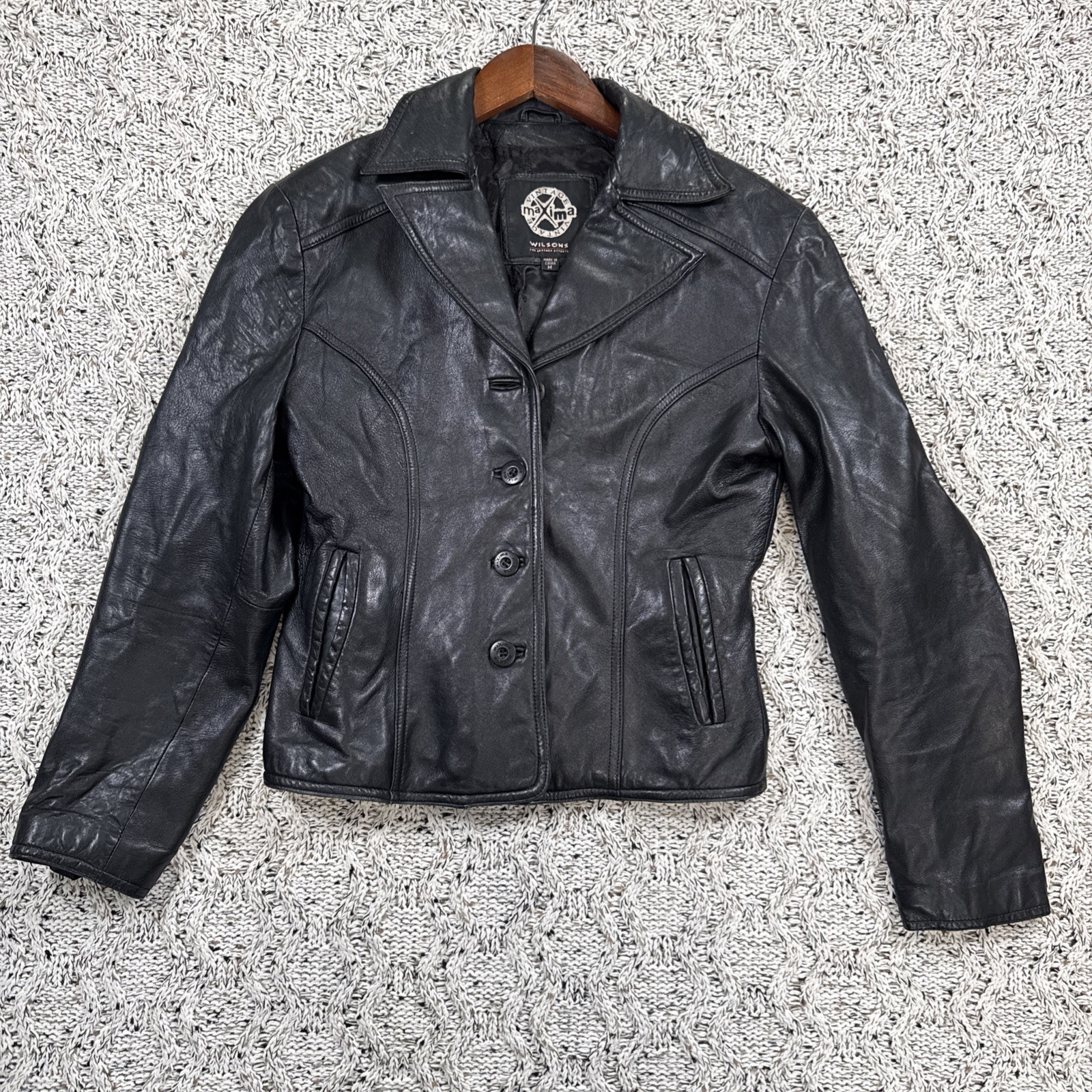 Vintage 90s Wilsons Leather Maxima Women’s Black Leather Jacket Size M Button Fr