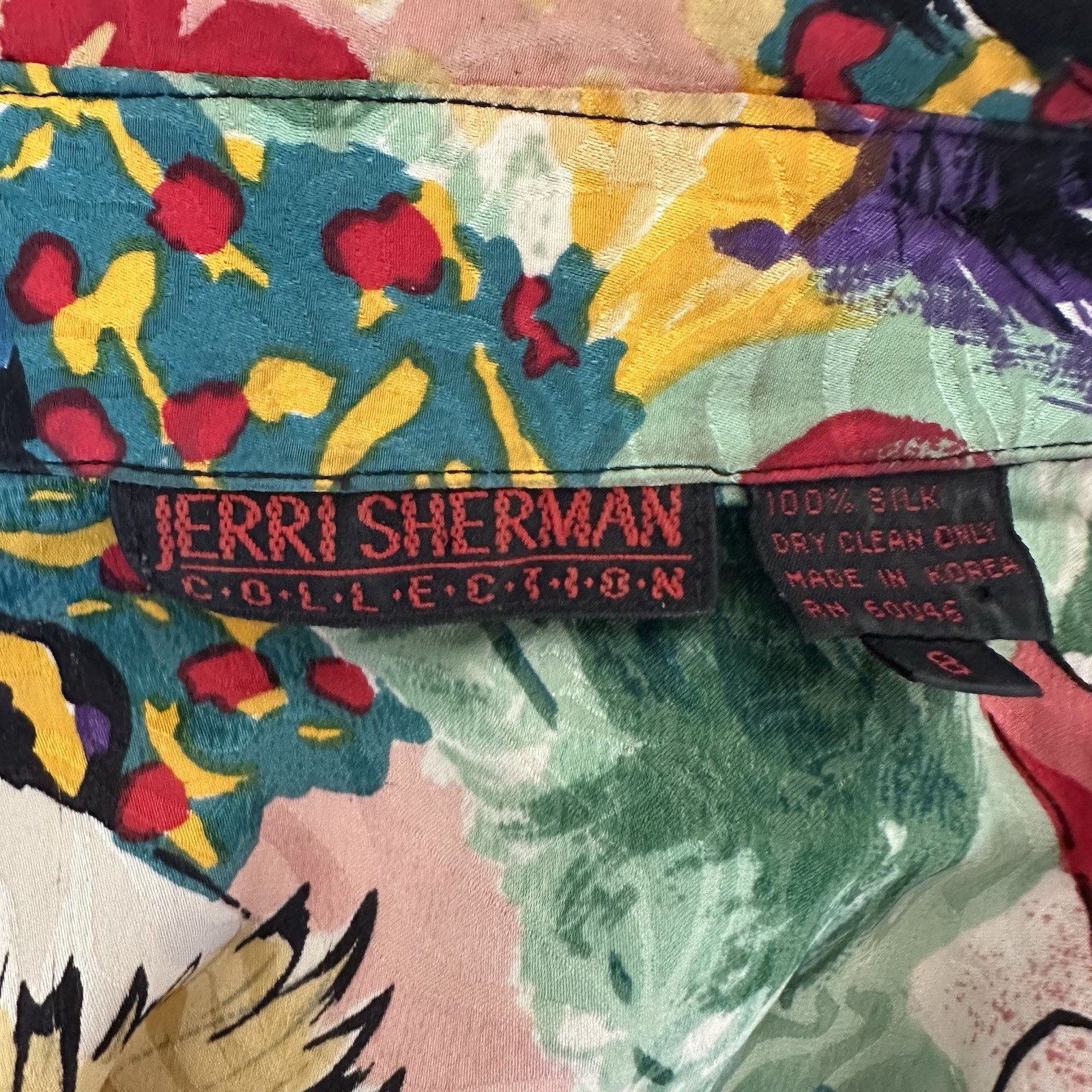 Vintage 80s Jerri Sherman Collection Silk Colorful Moulin Rouge Blouse Size 8