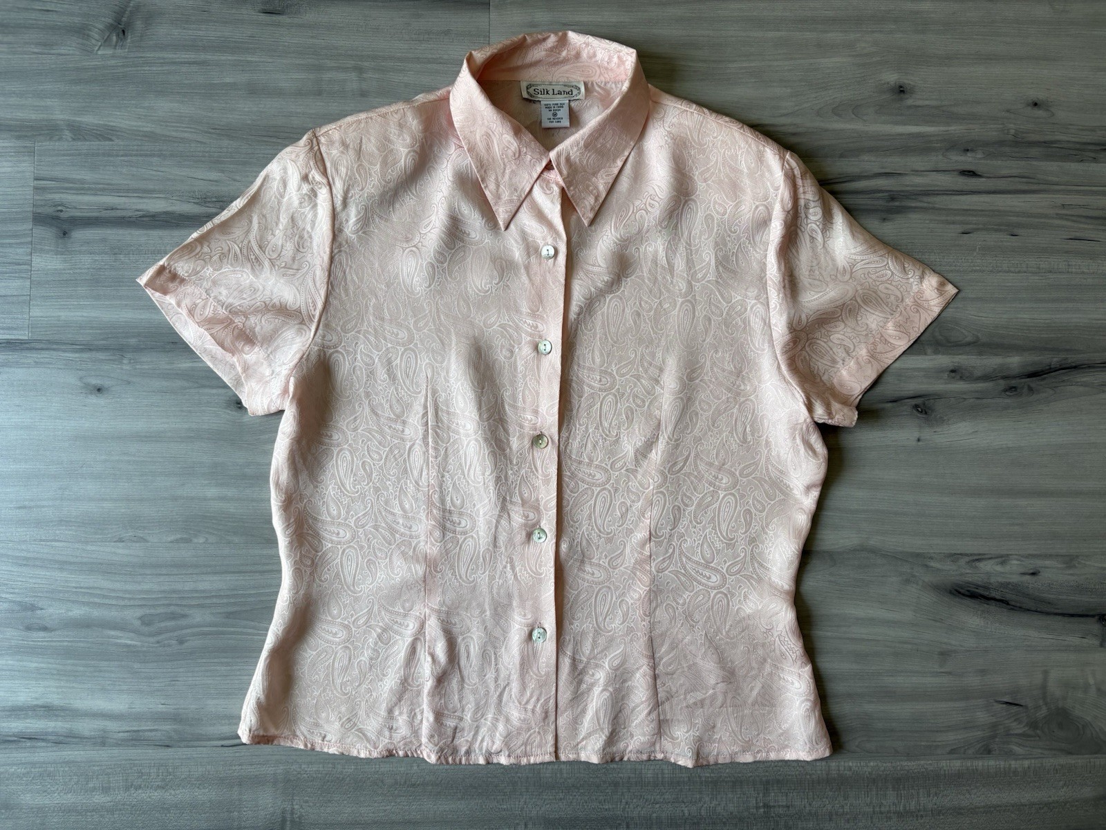 Silk Land Womens Size M 100% Pure Silk Paisley Jacquard Button Up Blouse Peach