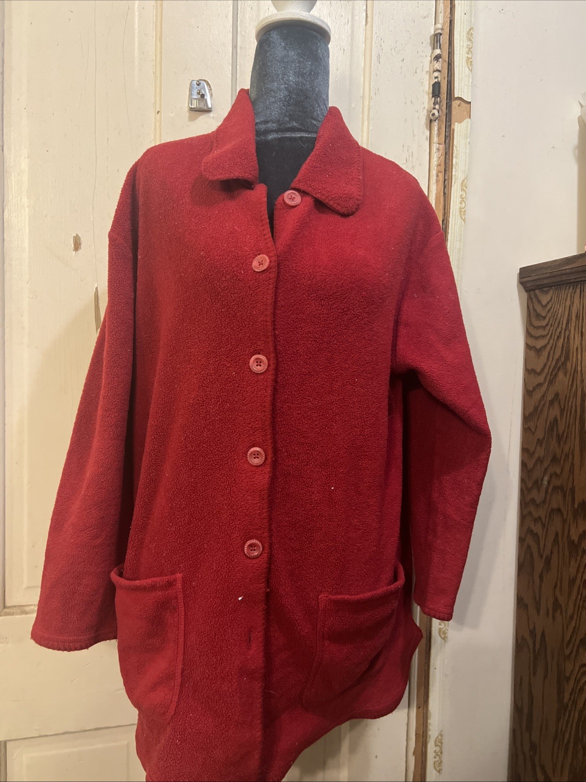 Vintage Fashion Bug 14/16 W Polyester Fleece Red Button Down Long Sleeve Pockets