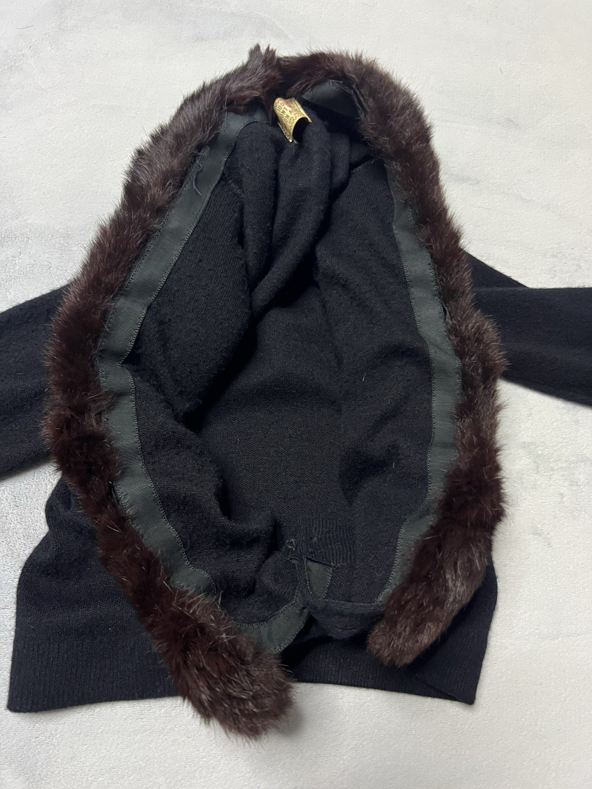 Vtg 50’s Du Pont Orlon Black Cardigan REAL MINK FUR Shawl Collar Sweater S/M