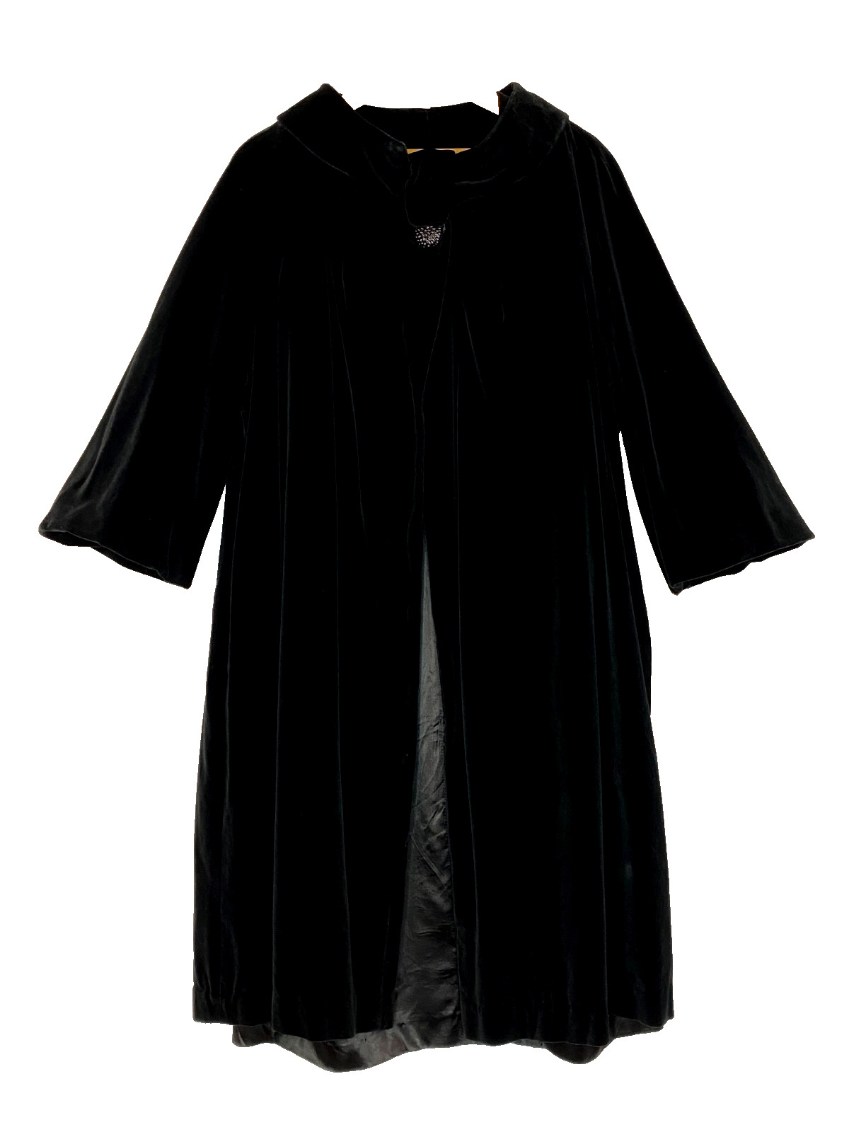 Vintage 1950s black velveteen swing coat M L open front long jacket MARY-LOU