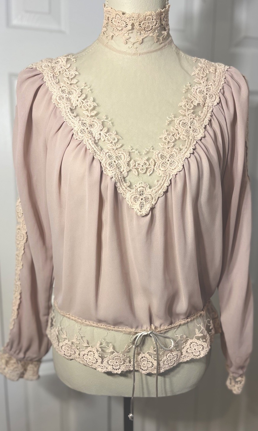 Victorian Chiffon Net Lace Blouse Sand Beige High Neck S/M