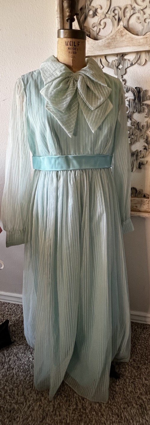 1960s-1970s Chiffon Maxi Dress Collared Long Sleeve Bow Front Handmade