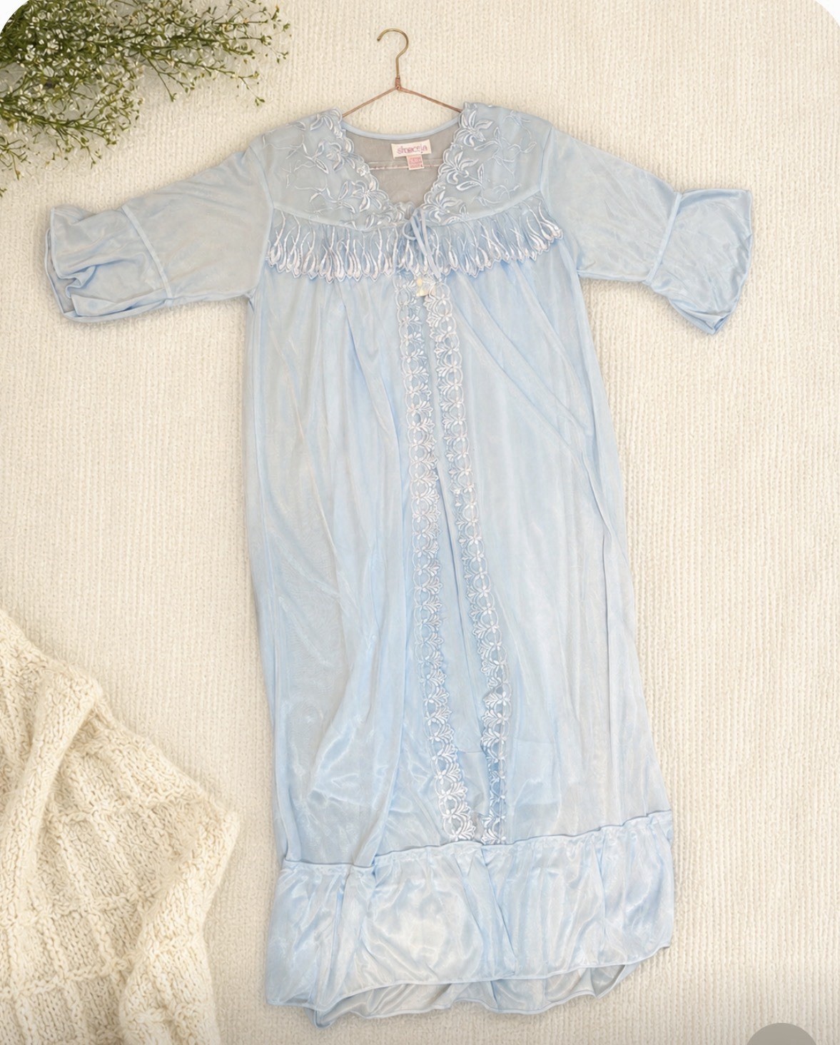 NWT Vintage Sindrella Blue Lace Peignoir Set Nightgown Robe Large