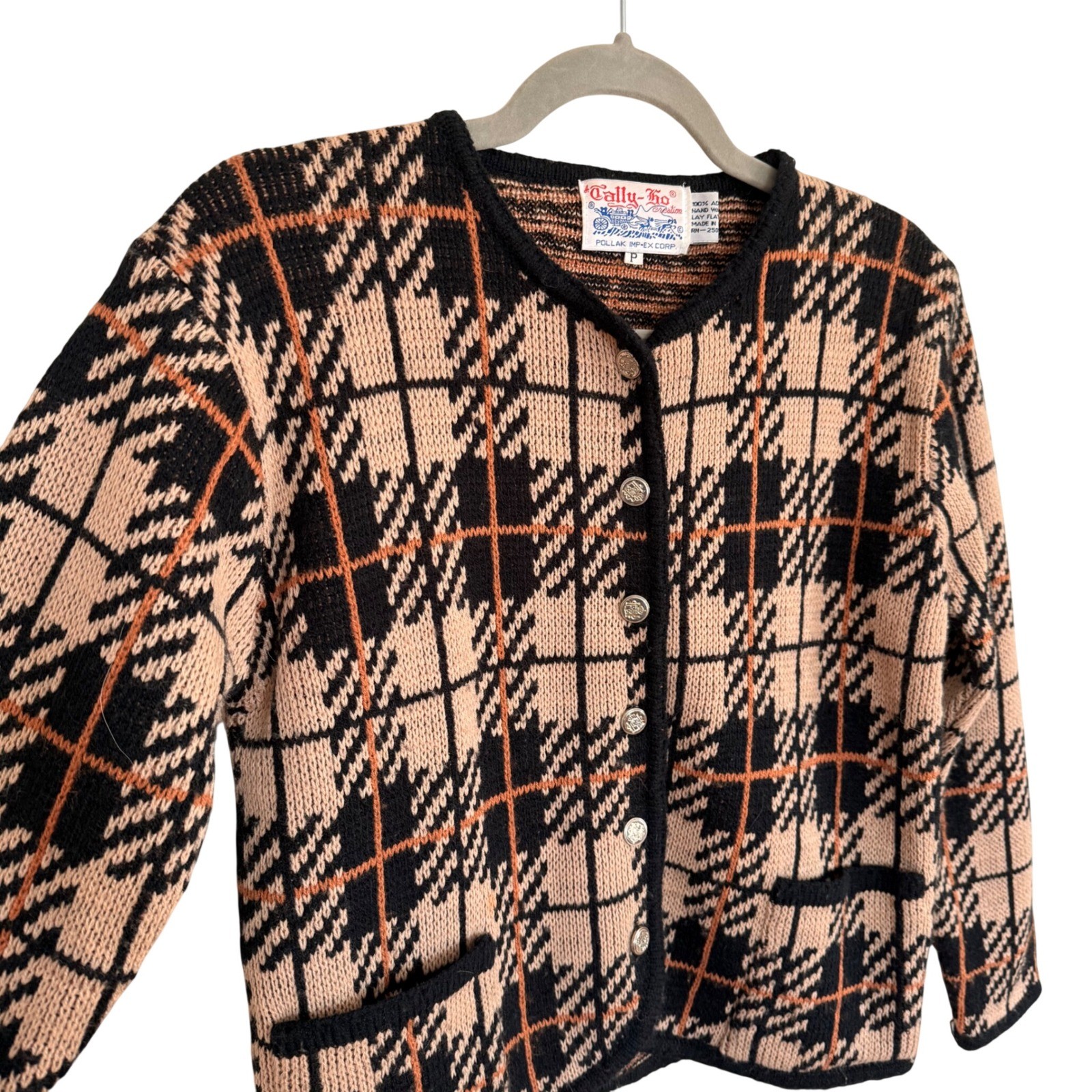 Vintage Tally-Ho Plaid Cardigan Sweater Tan Black Small Preppy Academia