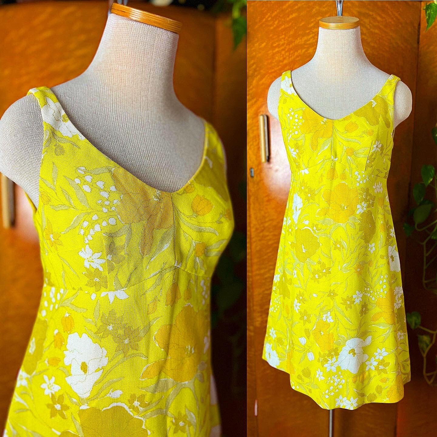 YELLOW LINEN 60s 1960’s Vintage Mod Floral Mini Shift Go Go Dress Sundress S M