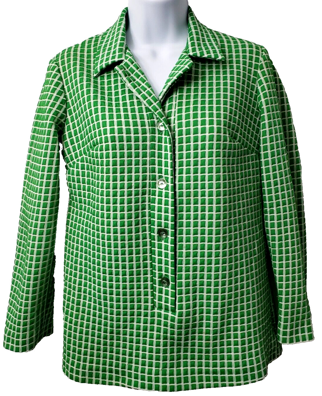 Vintage 70s Mod Knit Top M 8 Popover Shirt Disco Polyester Green Plaid Hamilton