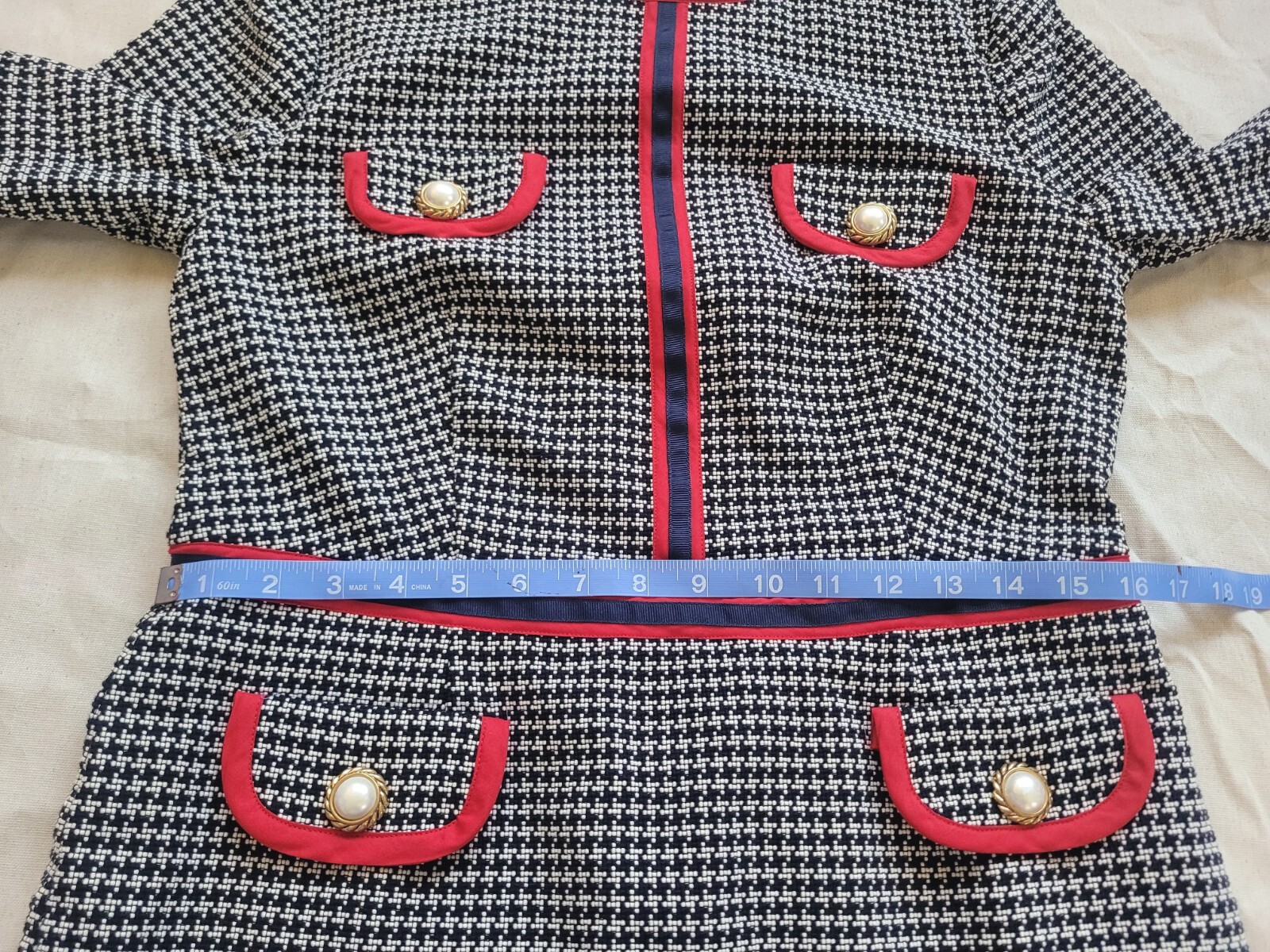 Vintage Handmade Tweed Kate Dress Elegant Classic Black White Red Trim Size M