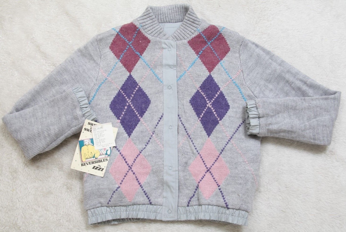 New Izzi Reversibles Gray Pink Purple Sweater Jacket Coat Woman’s Large JKT191