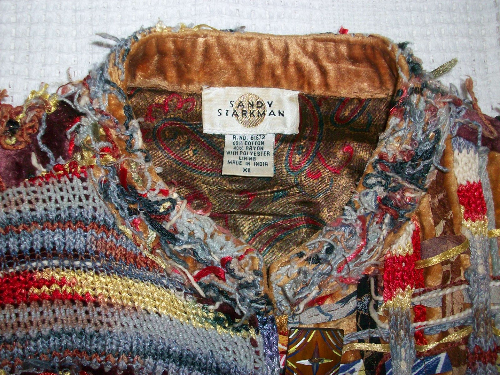 Vintage Designer SANDY STARKMAN Women’s Boho Mixed Media Cotton Rayon Jacket XL