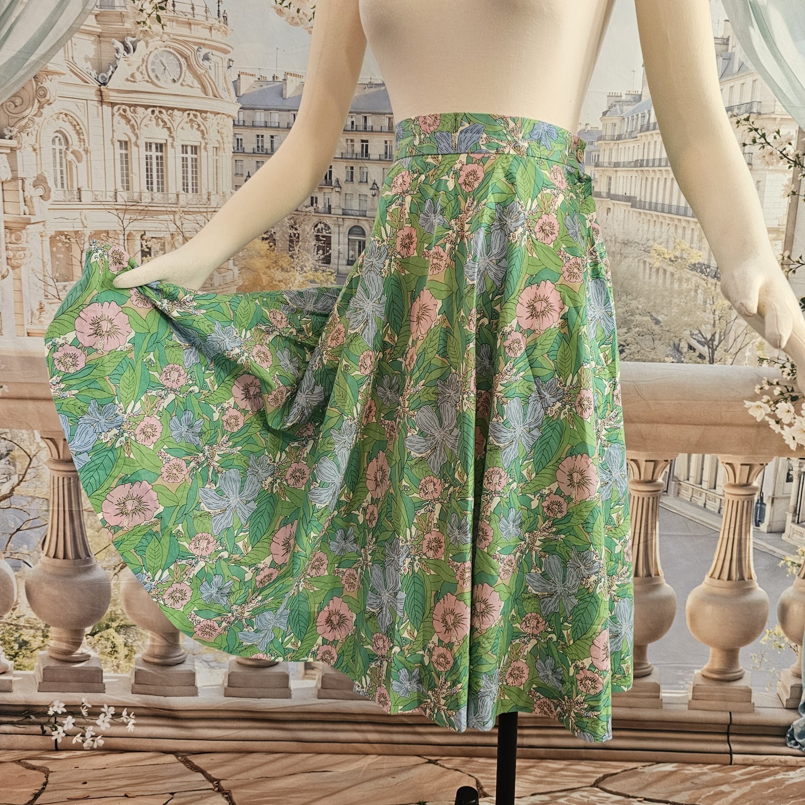 Vintage 1960’s Skirt Midi Skirt Green Pink Blue Floral Retro