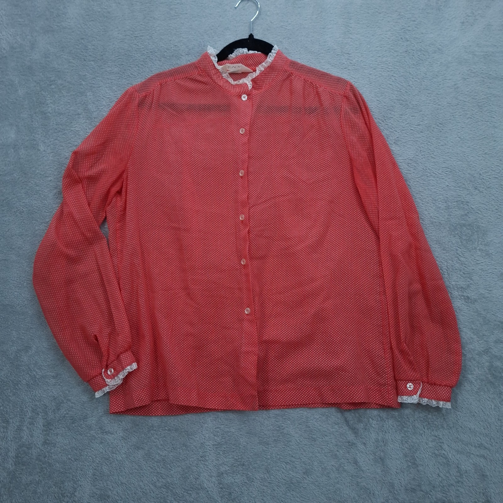 Vintage 80s Red & White Polka Dot Lace Trim Blouse Top Long Sleeve Prairiecore