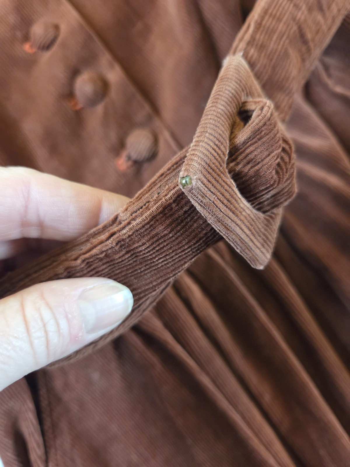 Vintage Brown Corderoy Dress, Covered Buttons, S/M, Full Skirt, matching belt