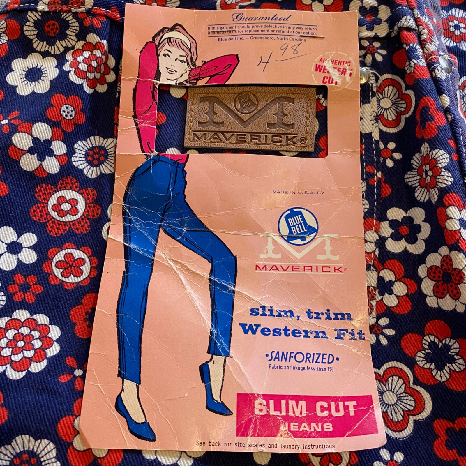 1960s Deadstock Vintage MAVERICK Blue Bell Sanforized Jeans Floral Print Denim