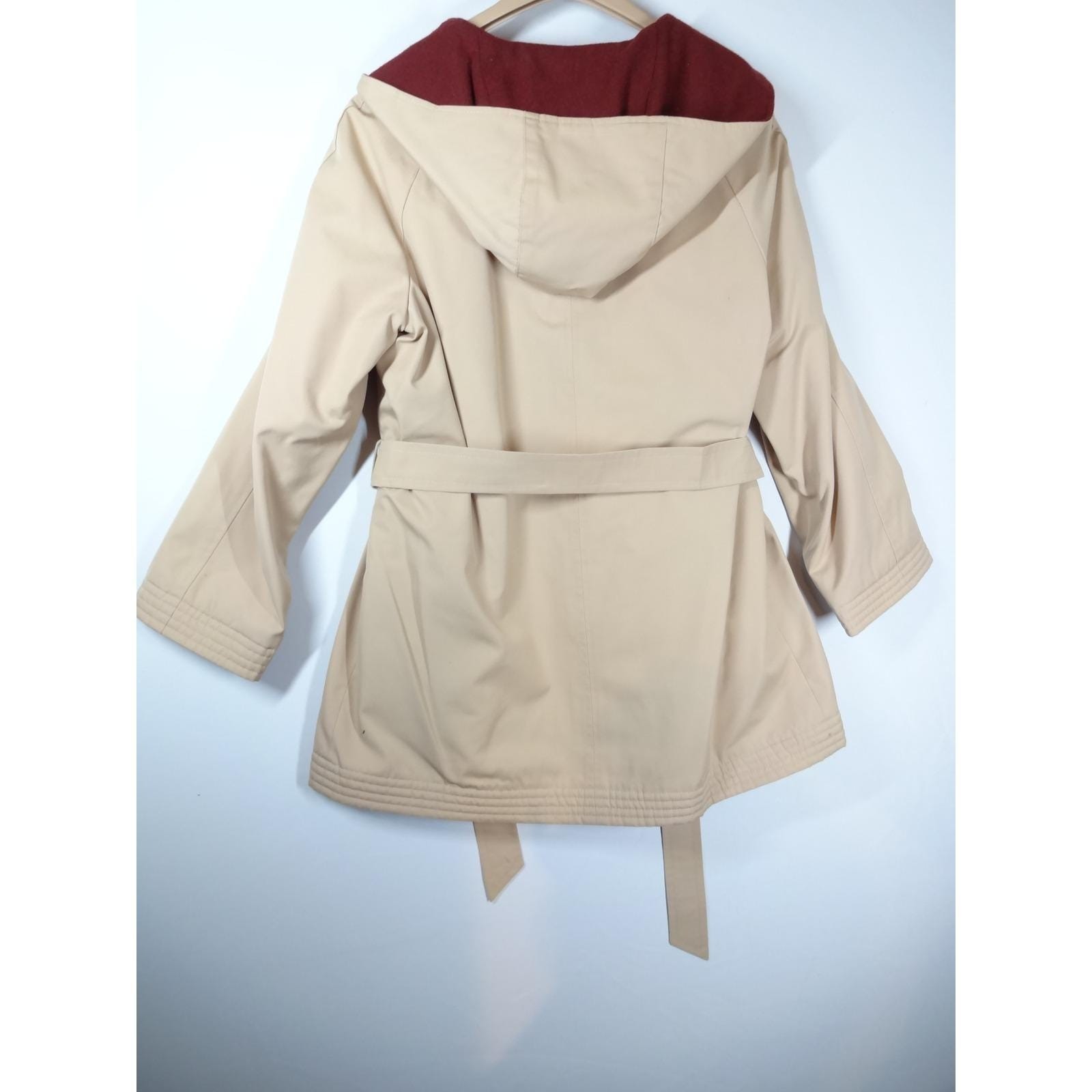 VTG Etienne Aigner Crop Trench Coat L Tan Burgundy Hood Belted Jacket and Gloves