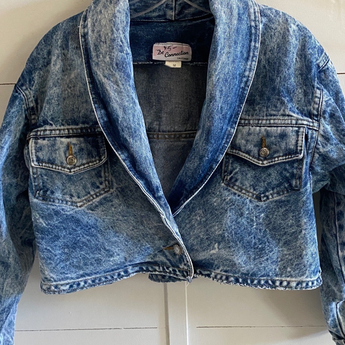 Vintage De Connection Acid Wash Cropped Denim Jacket Blue Womens Medium Made USA