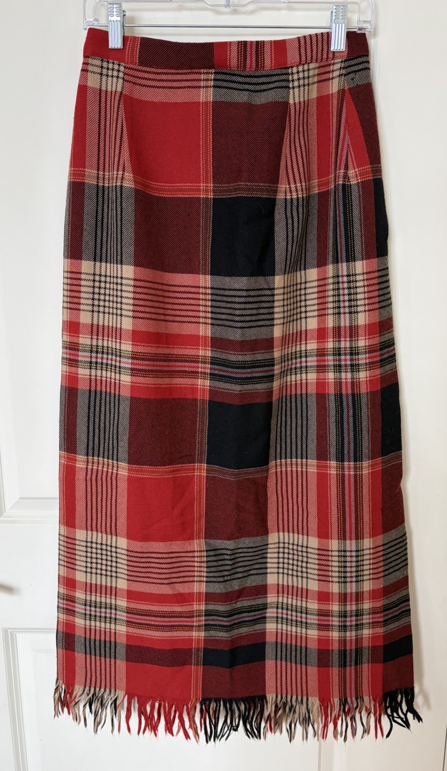 Vintage Ralph Lauren Country Plaid Wrap Wool Fringe Skirt, Sz S/M