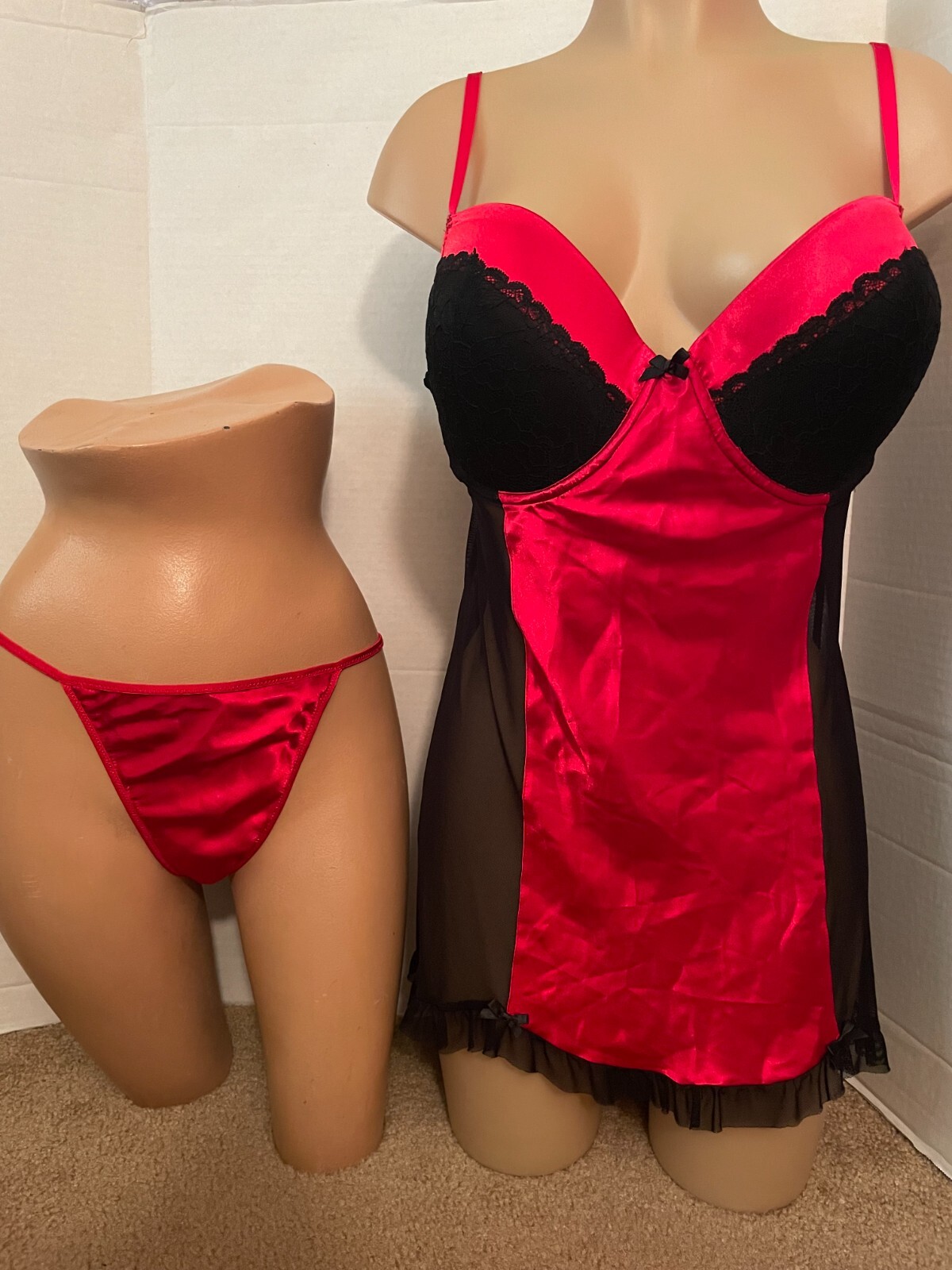 Vtg XL Red SATIN PADDED Babydoll Nightgown &G-STRING PANTY Set Lot 40 Lace Mesh