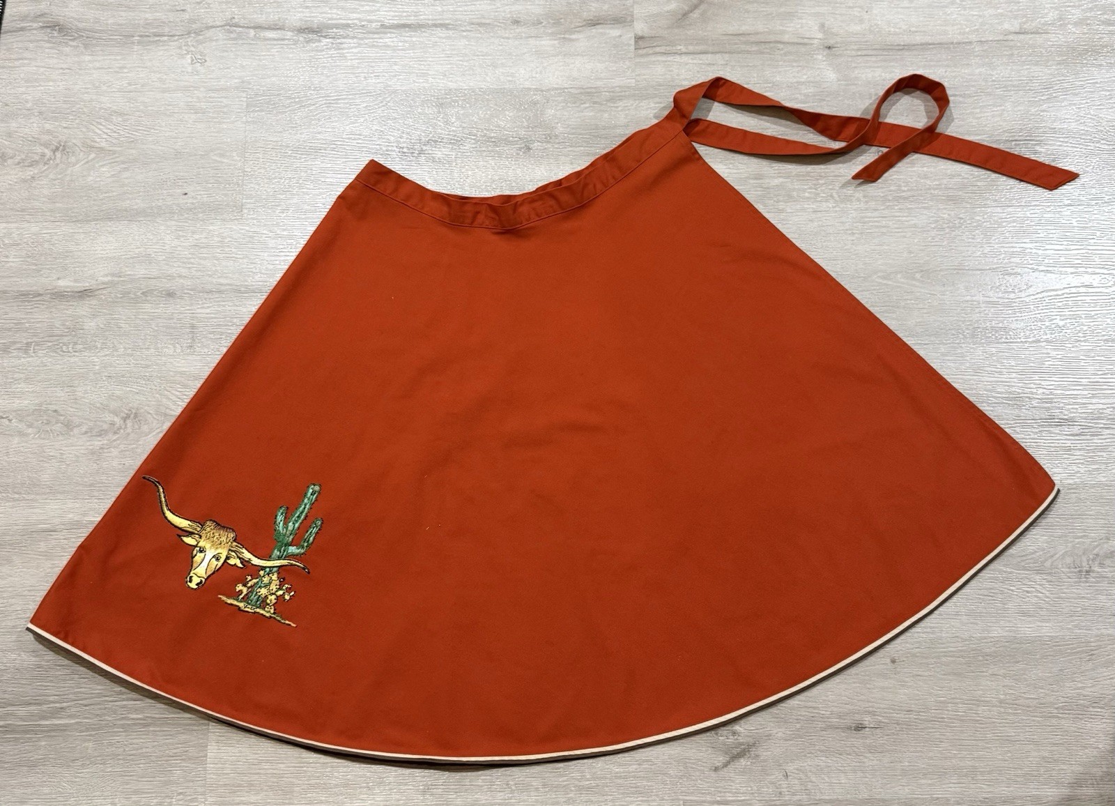 VTG 1970’s Shirley Gadol Co Wrap Skirt Orange Western Embroidered Steer Cactus