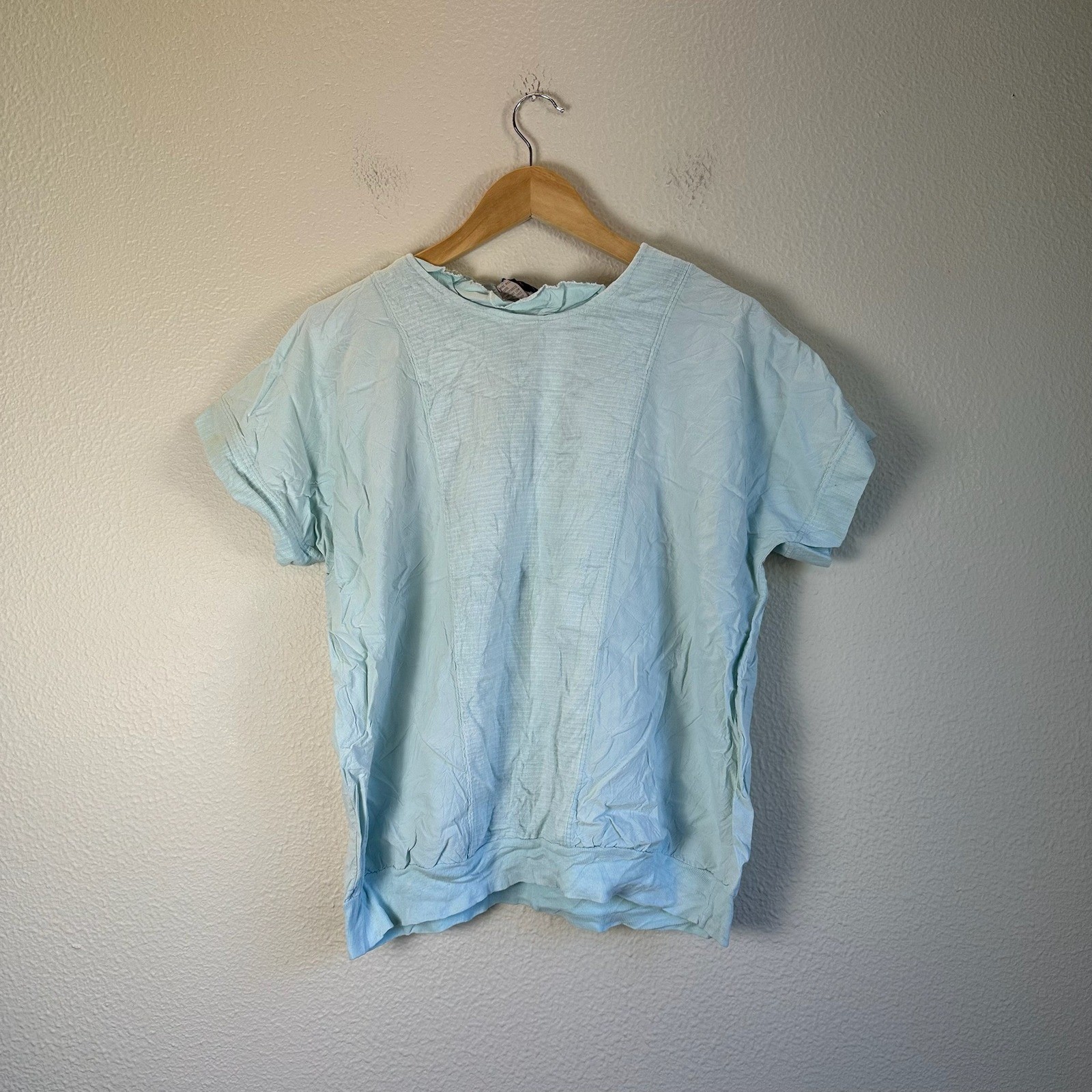 Vintage SK Sport Top Womens L Blue Good Cotton Shoulder Button Raw Neck Surf