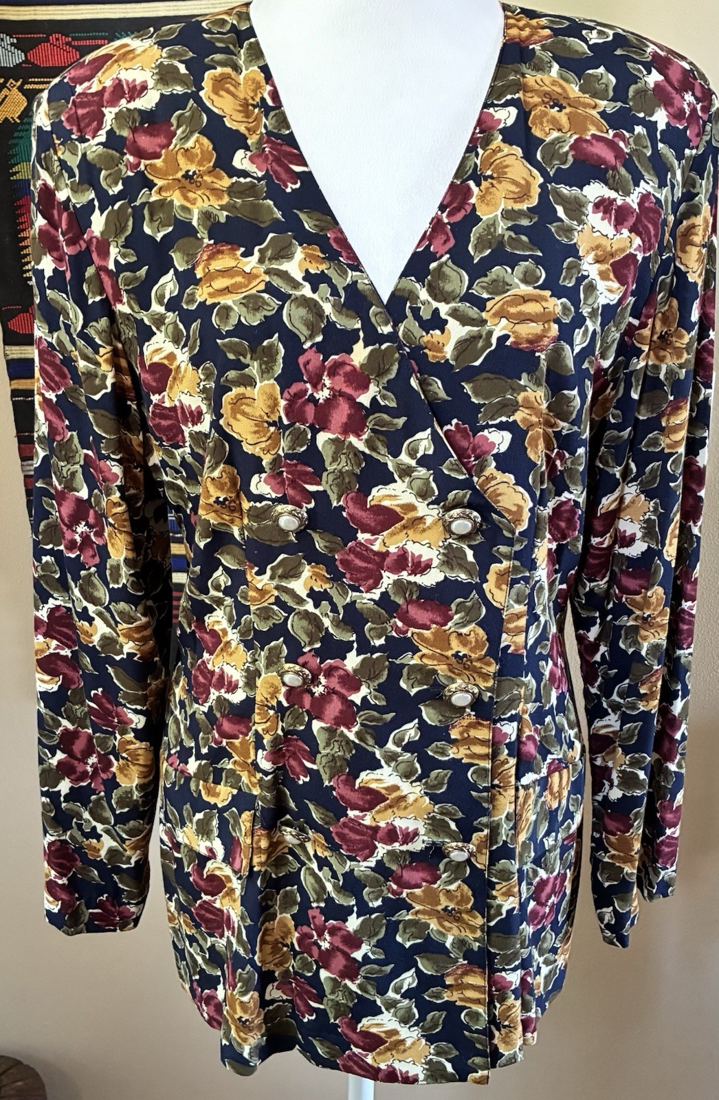 Vintage 90s Wrapper Rayon Navy Floral Double Breasted Jacket Blazer USA Made M