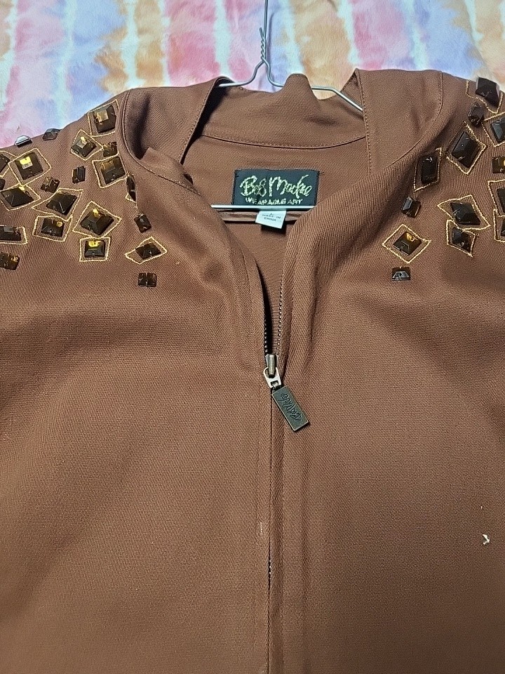 Vintage 90s Bob Mackie Wearable Art Brown Jeweled Jacket With Intialed Buttons