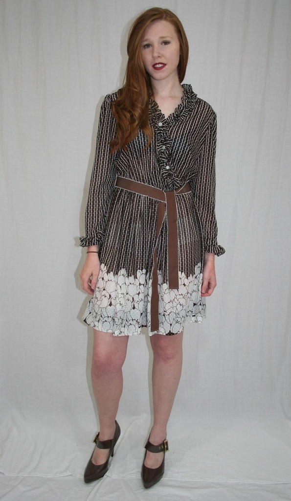 Vintage 80s Sheer Brown White Stripe FLORAL Dot Ruffle BOHO Secretary Dress M