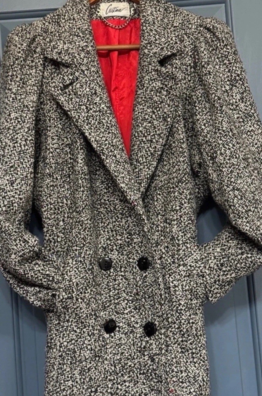 Vintage 1980s Cristina Tweed Jacket Coat Red Satin Lined Double Breasted 11 M