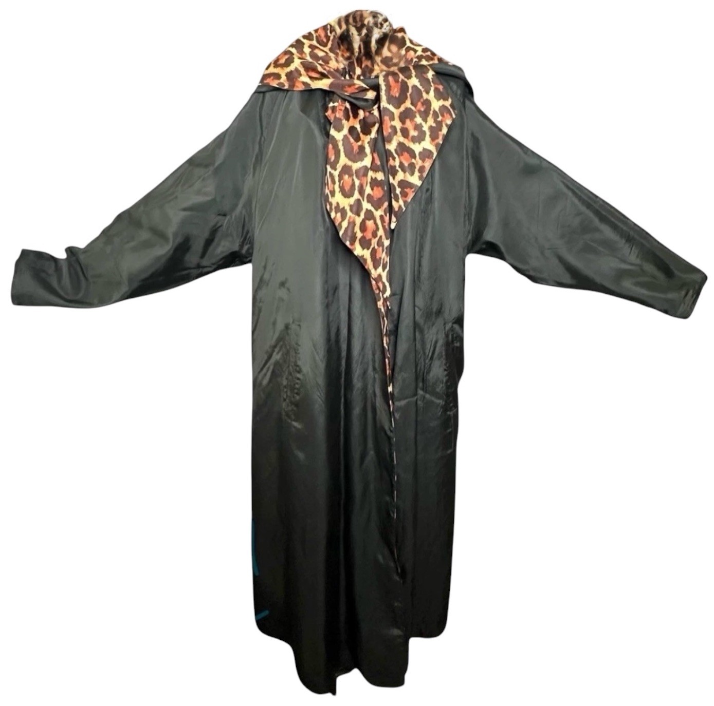 1950s Reversible Silk Satin Duster Coat Leopard Print Hooded Pockets