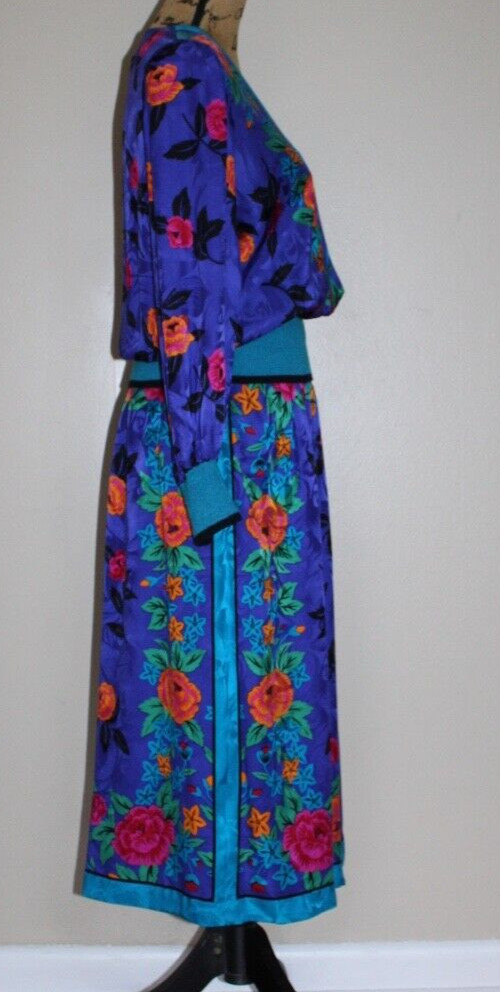 Vintage Lauren Alexandra 2 Piece Silk Floral Midi Skirt Blouse Set Women’s S