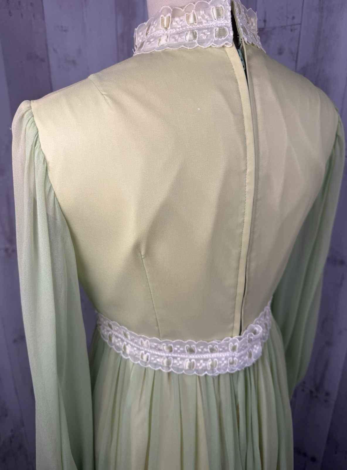 Vintage 70s Lorrie Deb Silk Chiffon Overlay Gown ~ Green Wedding Prom Maxi S/2
