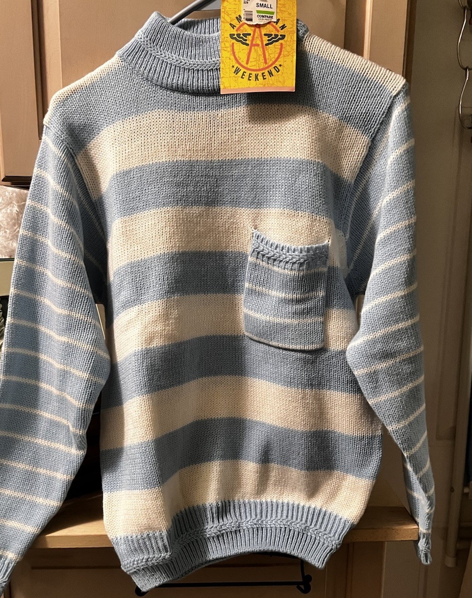 Vintage 90s Striped Sweater Blue Cream Pocket Knit Women’s Small NWT