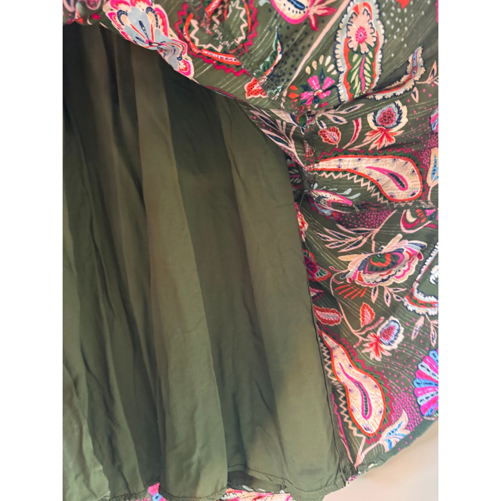 Olive Green Boho Prairie Maxi Dress Paisley Floral Cottagecore Peasant Small