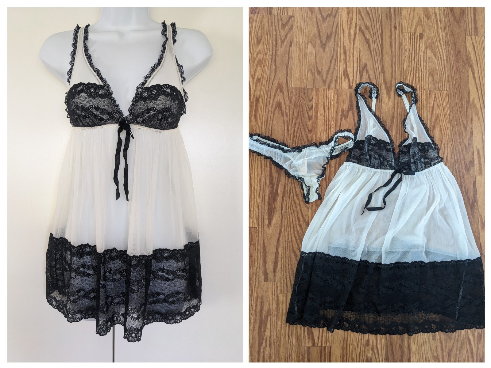 Vintage Victoria’s Secret white sheer 2 Piece Babydoll Set thong panties lace S
