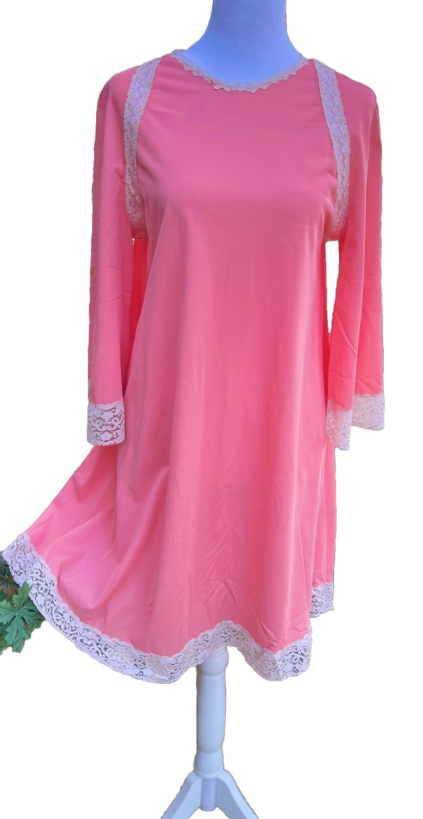 Vtg Nightgown Artemis Angel Wing Flutter Sleeve Nylon Lace Candy Pink Coral 36 S