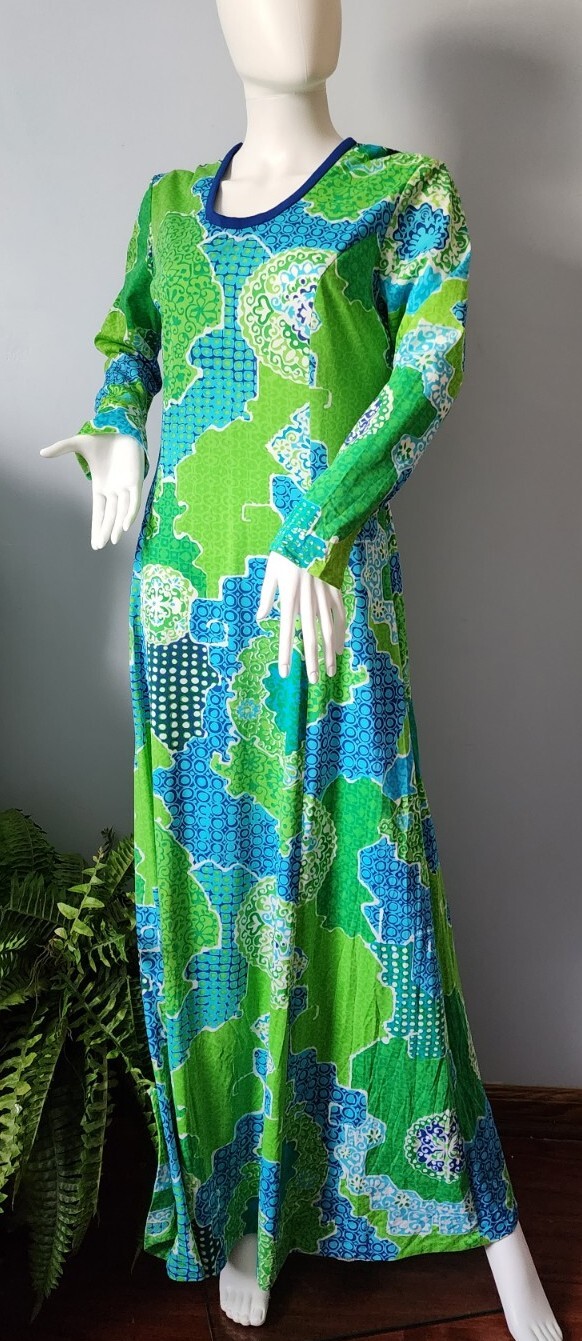 The Clique 1970s Blue Green Tones Abstract Print Long Sleeve Boho Maxi Dress 14