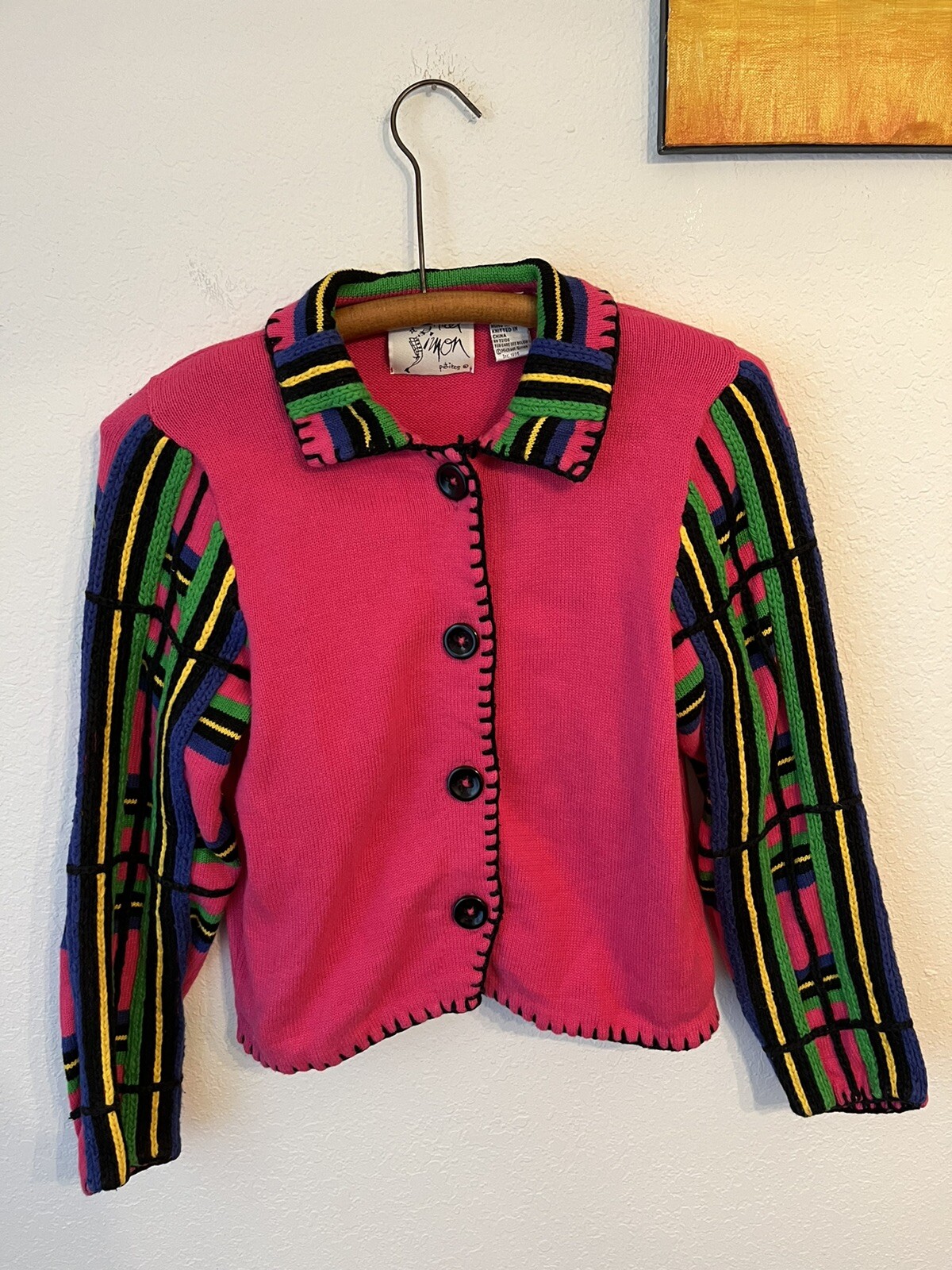 Vtg 90’s Michael Simon Hot Pink Multi Button Up Cardigan Wm Med Petite Collared