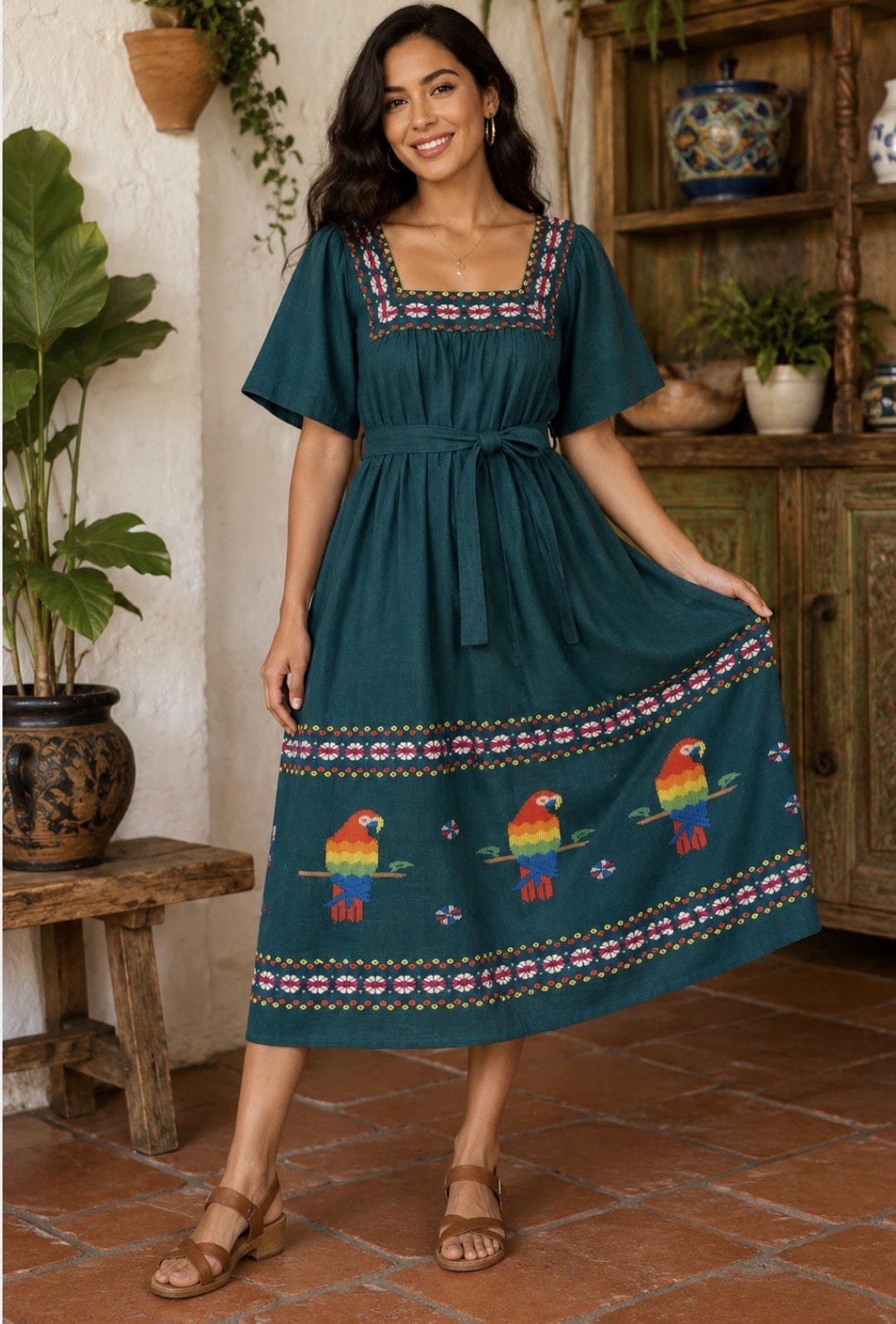 Vintage Ana’s Fashions Guatemala Cotton Dress Parrot Bird Folk Art Boho Belted S