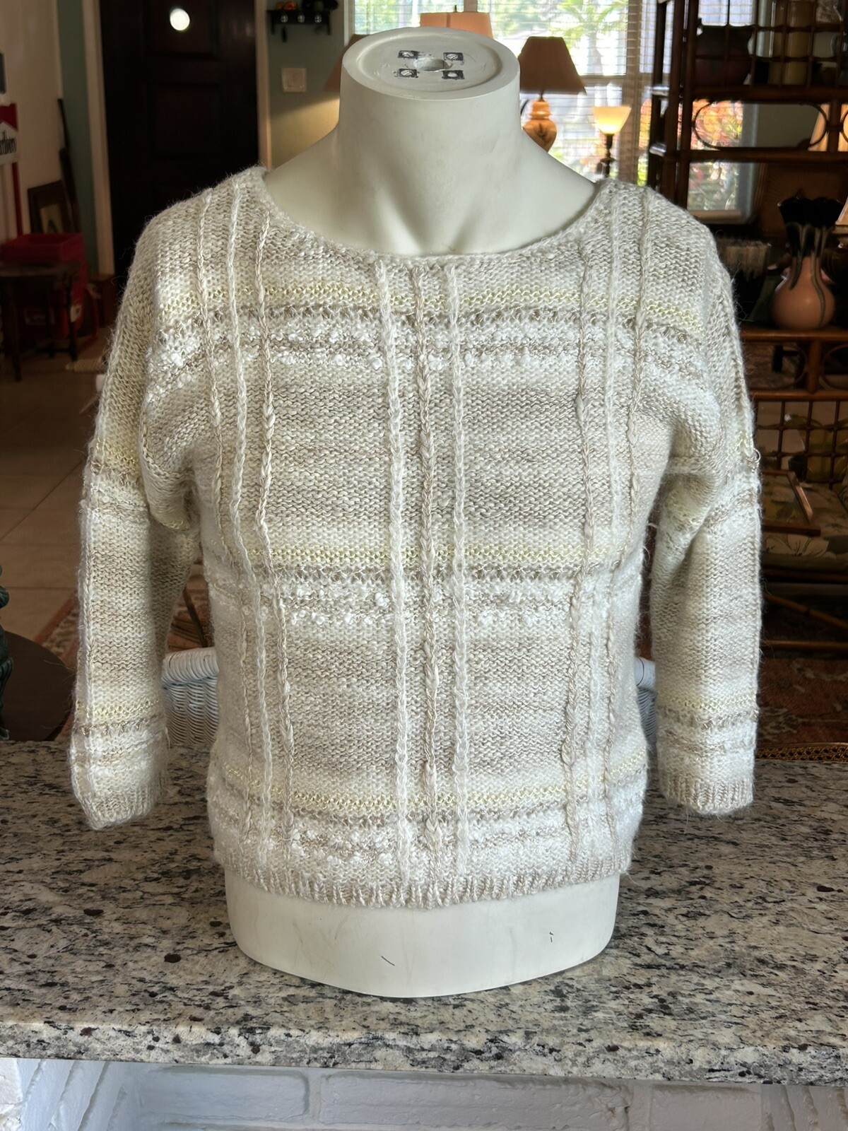 Vintage Beldoch Popper Knit Acrylic Sweater Junior L Women’s S Beige Tan White
