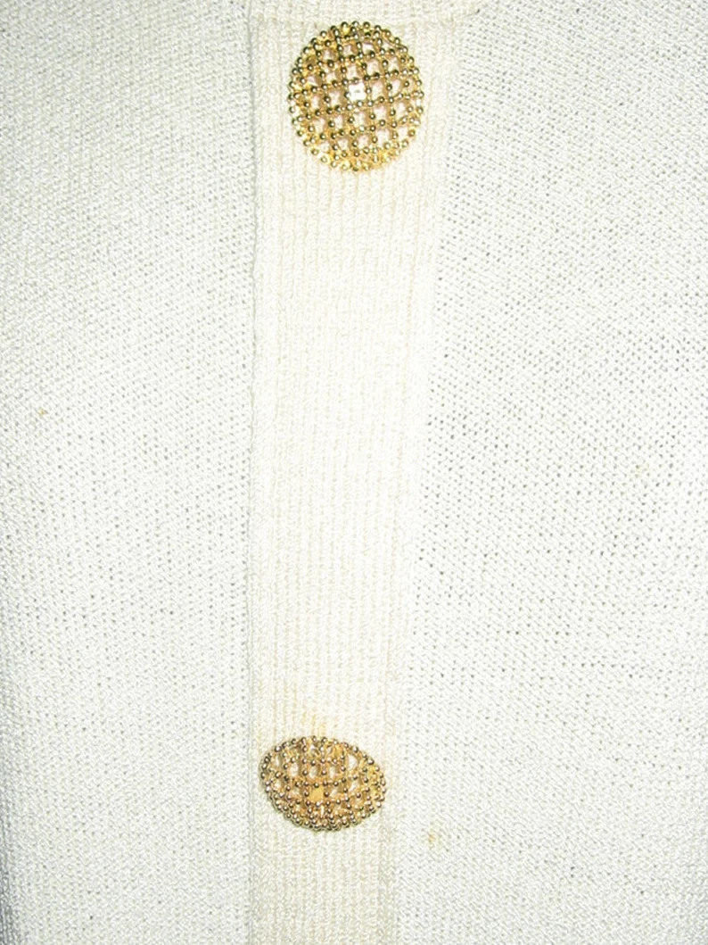 VTG Scaasi Cream Big Gold Buttons Jersey Crochet Mesh Stitch Knit Short Dress