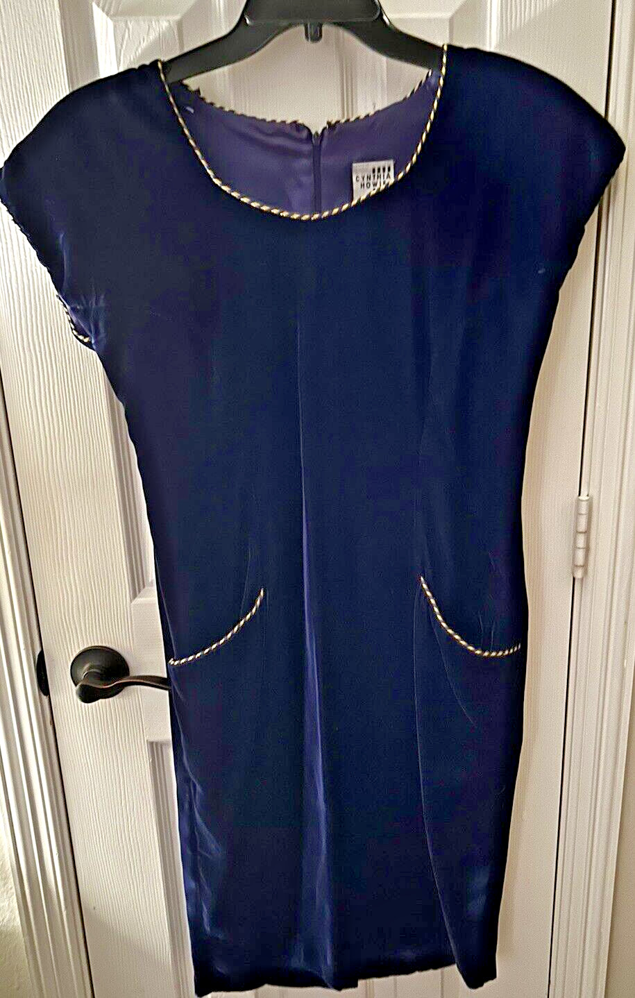 Vintage 1980s Cynthia Howie Velvet Dress Dark Navy Blue Gold Trim Size 10