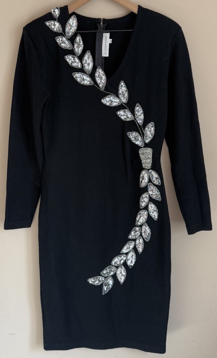Vintage Dress 1980s Outlander Wool Knit Sheath Silver Sequin Leaves Womens Small