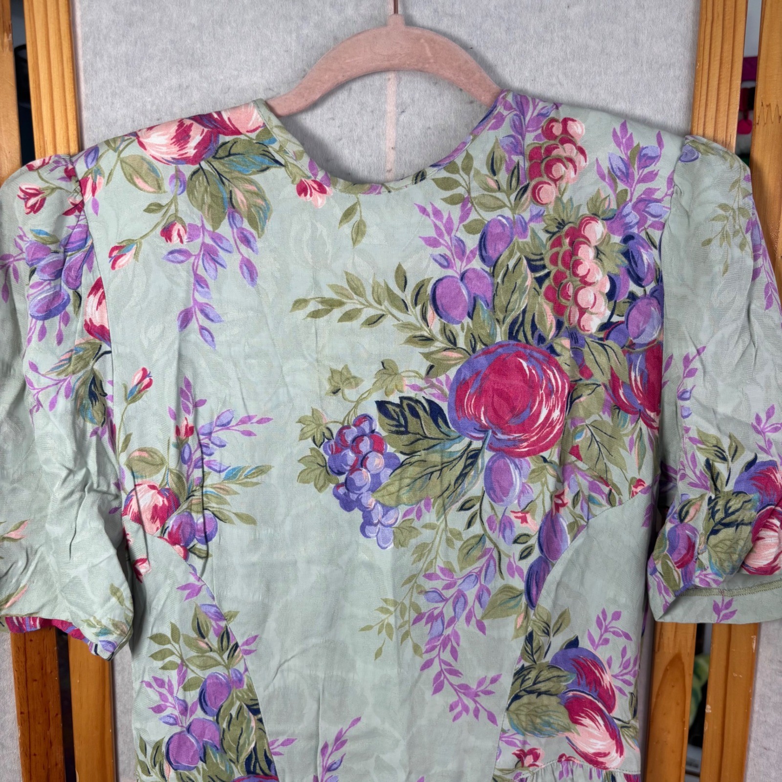 Jane Schaffhausen Belle France VTG Floral Rayon Dress Sage Green 6 Peony Garden